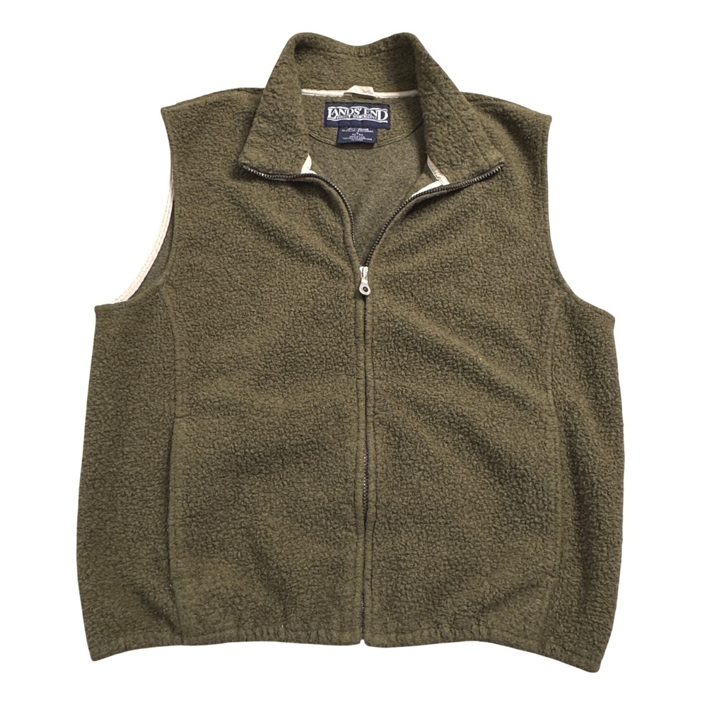 Vintage Lands End Mens Fleece Vest Olive Green Full Zip Size Large